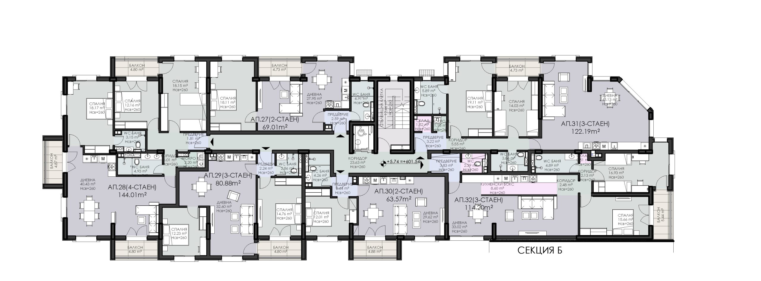 Floor Plan-ЕТАЖ 2 КОТА +5.74м - СЕКЦИЯ А